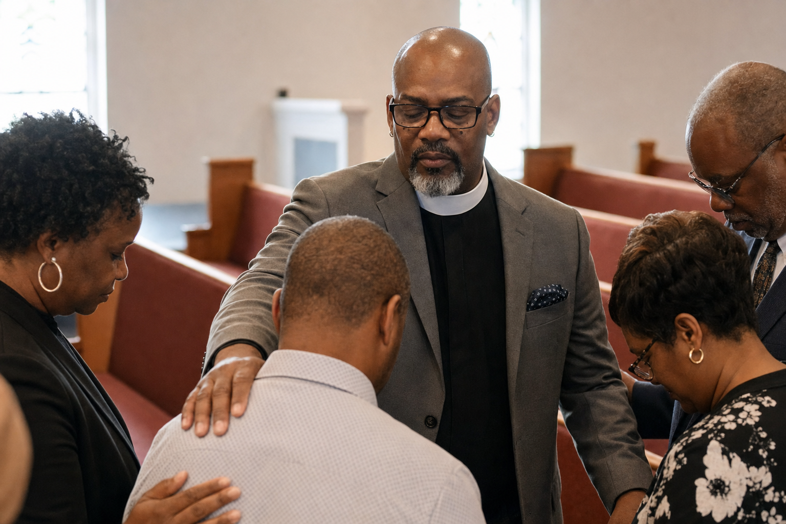 AI-created illustrative scene of Pastor Troy praying with church members